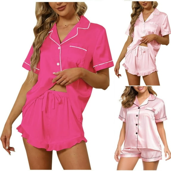 CALAFEBILA Pajamas Womens Button Down Pjs for Women Nightshirts Notch Collar Satin Silk Tops with Pocket and Shorts
