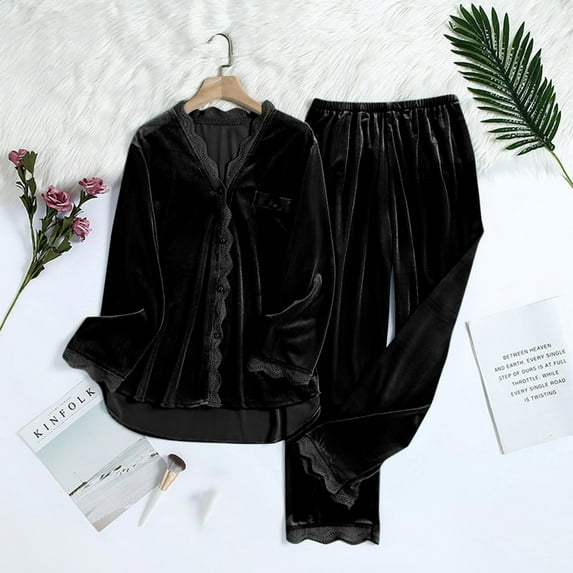 CALAFEBILA Pajamas Womens Womens Button Down Pajama Sets Nightshirts Notch Collar Fleece Tops Loose and Pants Soft