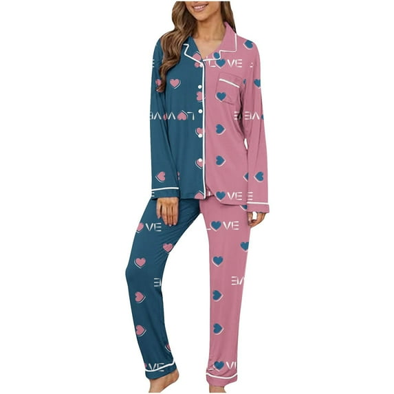 CALAFEBILA Pijama Set for Woman Button Down Pjs for Women Valentine Day Homewear Notch Collar Heart Print Tops with Pocket and Pants