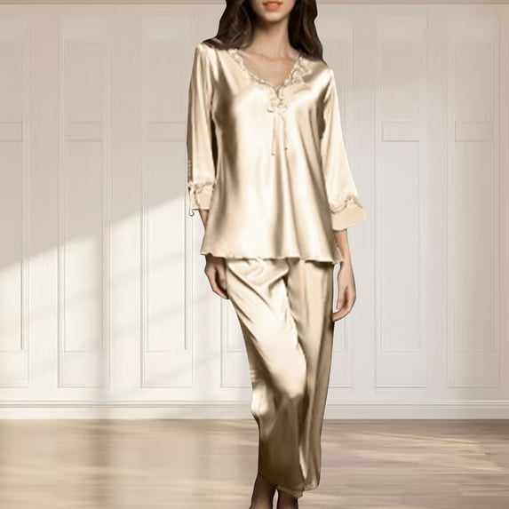CALAFEBILA Pj Women Lace Pajamas V-Neck Satin Silk Tops and Pants