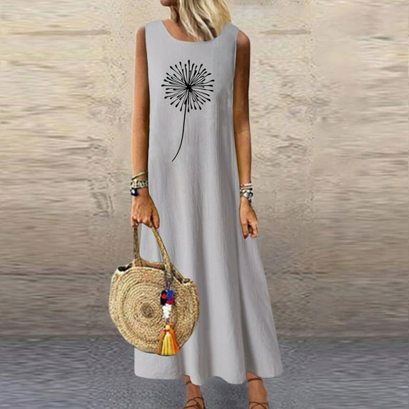 CALAFEBILA Plus Size Dress for Women Sleeveless Floral Midi Sun Dress Cotton Linen Tank Dress Long Womens Dresses