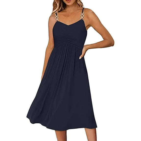 CALAFEBILA Plus Size Dresses for Women Sleeveless V-neck Solid Color Midi Sun Dress Pleated Chain Strap Tank Dress Long Women Dresses