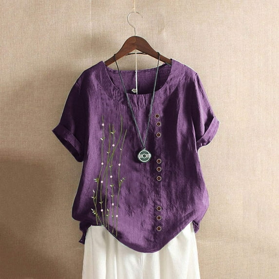 CALAFEBILA Plus Size Shirts for Women Cotton Linen Summer Blouses for Women 2025,Women's Fashion Floral Print Blouse Summer Short Sleeve Crew Neck Button Plus Size Women Tops