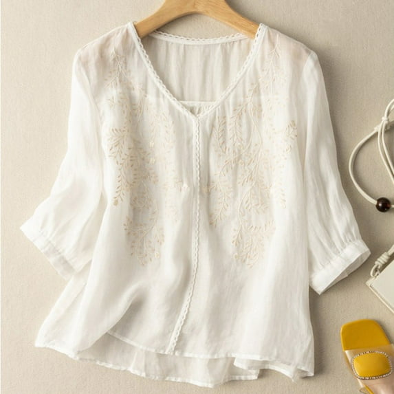 CALAFEBILA Plus Size Shirts for Women Cotton Linen Summer Blouses for Women 2025,Women's Fashion Solid Color Blouse Summer Short Sleeve Crew Neck Embroidery Lace Tops for Women 2025