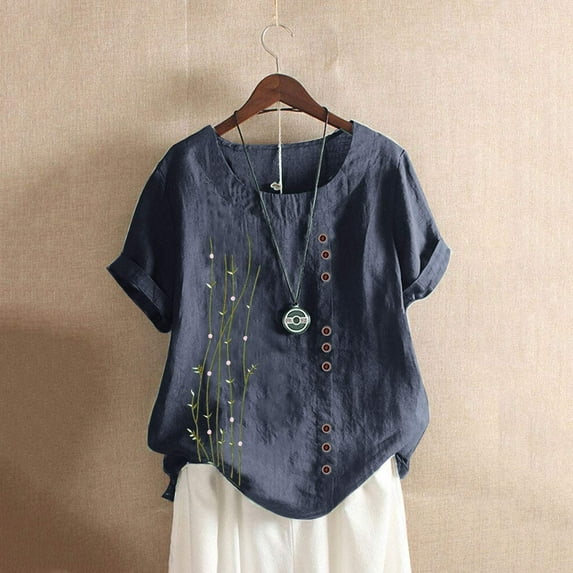 CALAFEBILA Plus Size Tshirts Women Cotton Linen Womens Blouses ,Ladies Fashion Floral Print Blouse Summer Short Sleeve Crew Neck Button Plus Size Ladies Tops