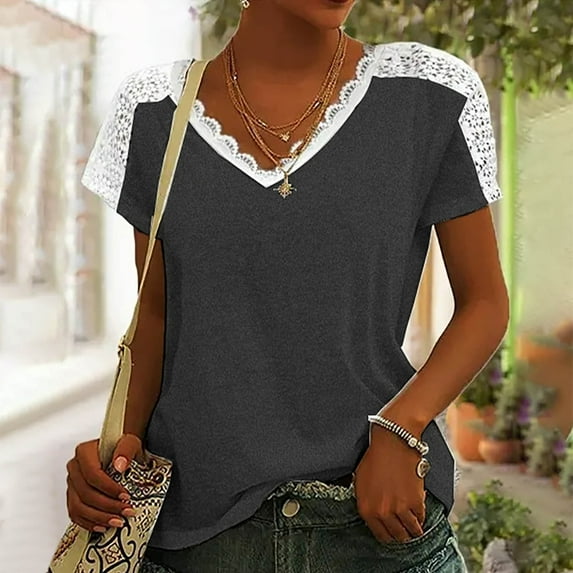 CALAFEBILA Plus Size Tshirts Women Lace Women Tee Shirt,Women Fashion Solid Color T-shirt Summer Short Sleeve V Neck Patchwork Women Tops