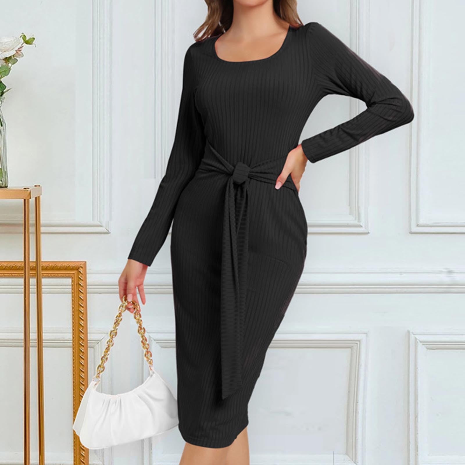 CALAFEBILA Semi Formal Dresses for Women Long Sleeve Square Neck Solid Color Knee Length Bodycon Dress Formal Ribbed Knit with Belt Long Dresses for Junior
