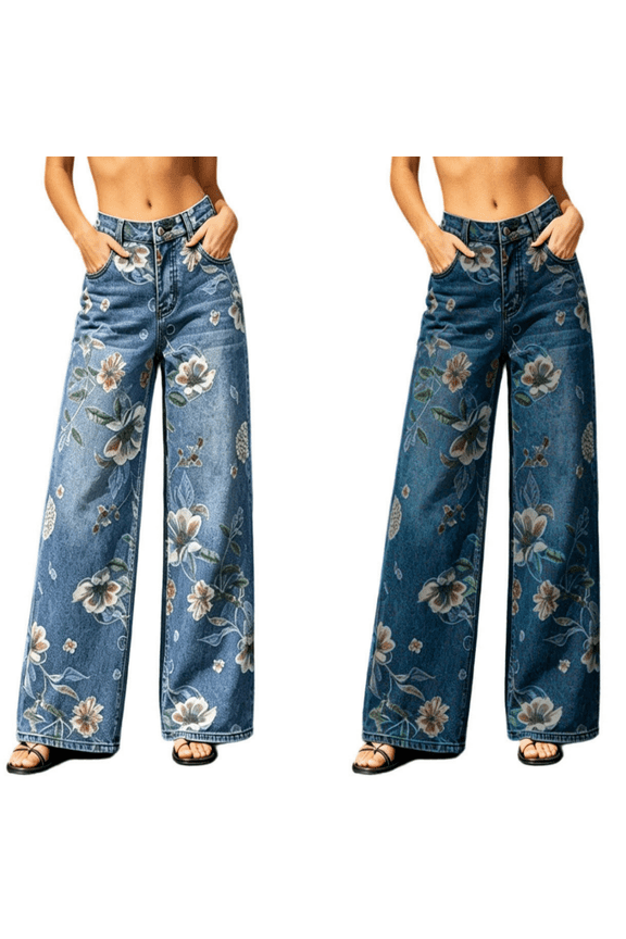 Straight Jeans for Women Fashion Full-Length Women Jeans High Waisted Floral Printed Elastic Denim Trousers Casual Plus Size Jeans for Women Stretchy 2025