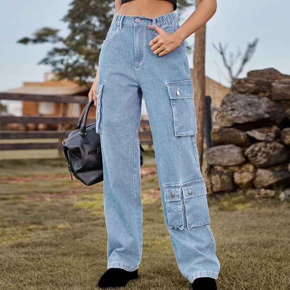 CALAFEBILA Straight Leg Jeans Fashion Full-Length Mid Waist Jeans for Women Cargo Jeans Women Denim Pants Versatile Womens Plus Size Jeans 2025