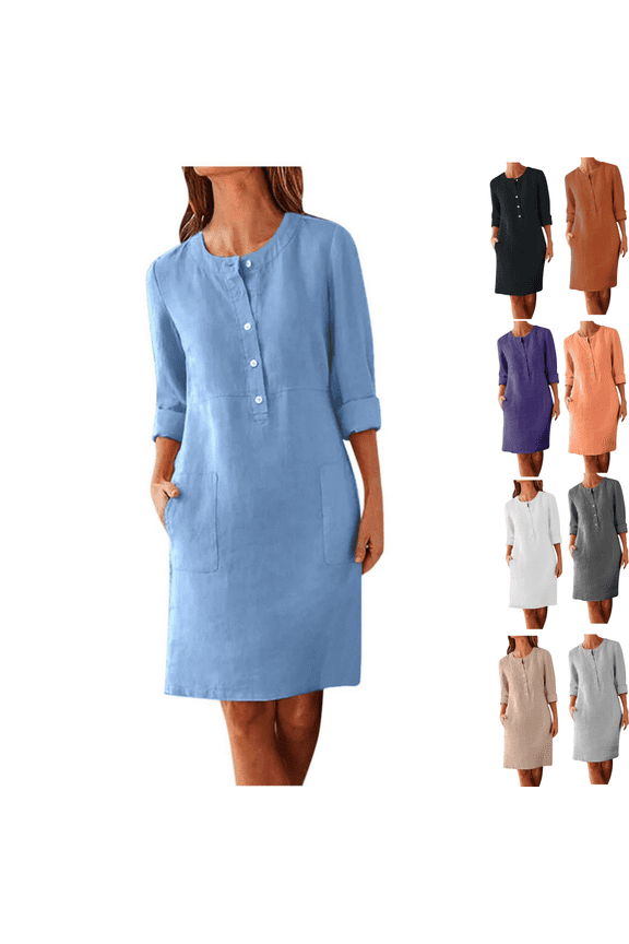 Summer Dress Long Sleeve Solid Color Knee Length Shirt Dress Cotton Linen Button Down Long Dresses for Junior