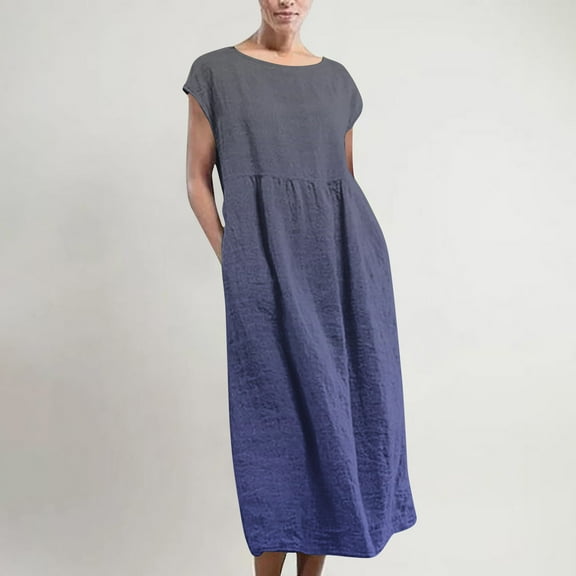 CALAFEBILA Summer Dress Sleeveless Gradient Color Midi Kaftan Dress Cotton Linen Pockets Tank Dress Long Women Dresses
