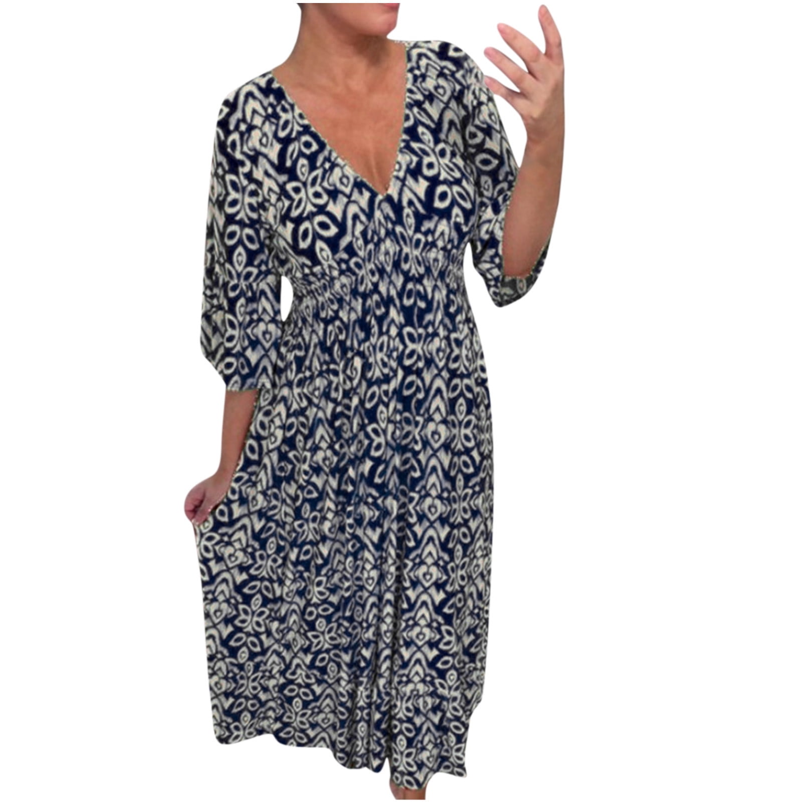 Women's Plus Size 3/4 Sleeve Wrap V-Neck Maxi Dress - Flowy A-Line Formal Evening Gown