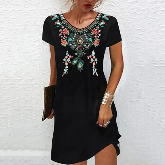 CALAFEBILA Summer Dresses Short Sleeve Ethnic Style Print Mini Sun Dress Vintage Boho Short Dresses for Womens