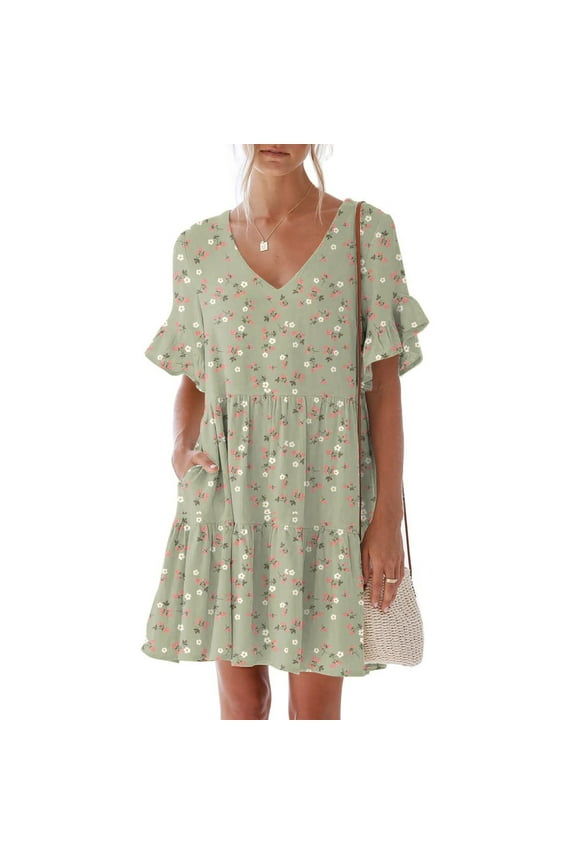 Summer Dresses Short Sleeve V-neck Polka Dot Mini Sun Dress Pleated Flowy Pocket Short Dresses for Women 2025