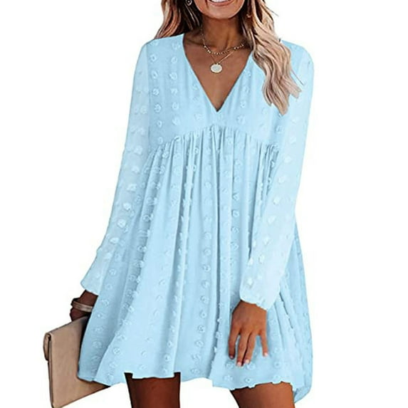 CALAFEBILA Summer Dresses Long Sleeve V-neck Solid Color Mini Babydoll Dress Chiffon Short Dresses for Teens