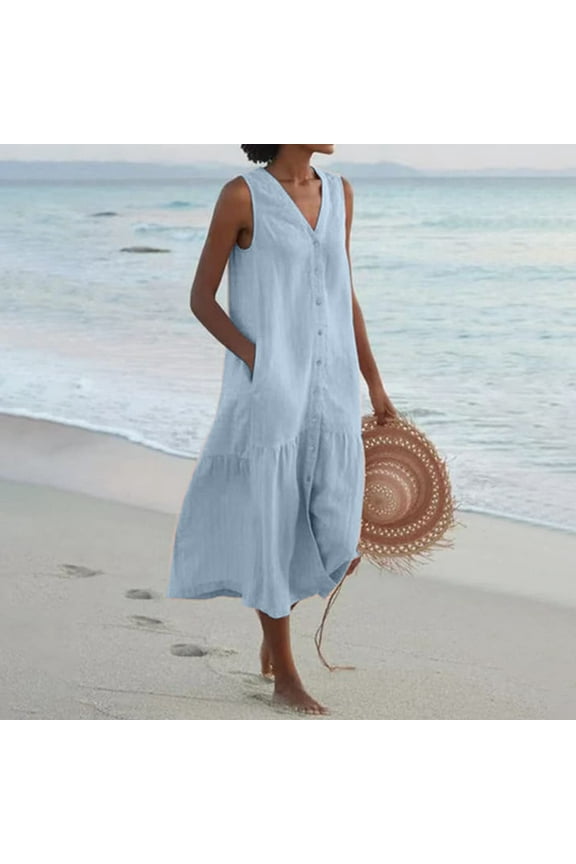 Summer Dresses for Women Sleeveless V-neck Solid Color Midi Shirt Dress Cotton Linen Pockets Tank Dress Long Junior Dresses