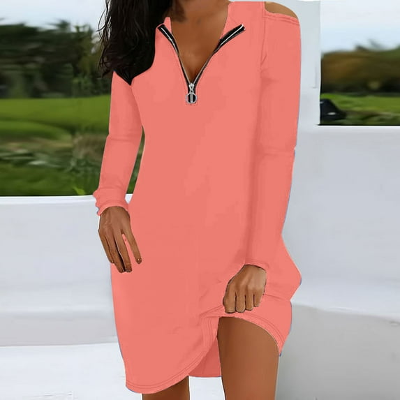 CALAFEBILA Summer Dresses for Juniors Long Sleeve Solid Color Mini Sweatshirt Dress Tunic Pockets Zipper Neck Short Dresses for Teens