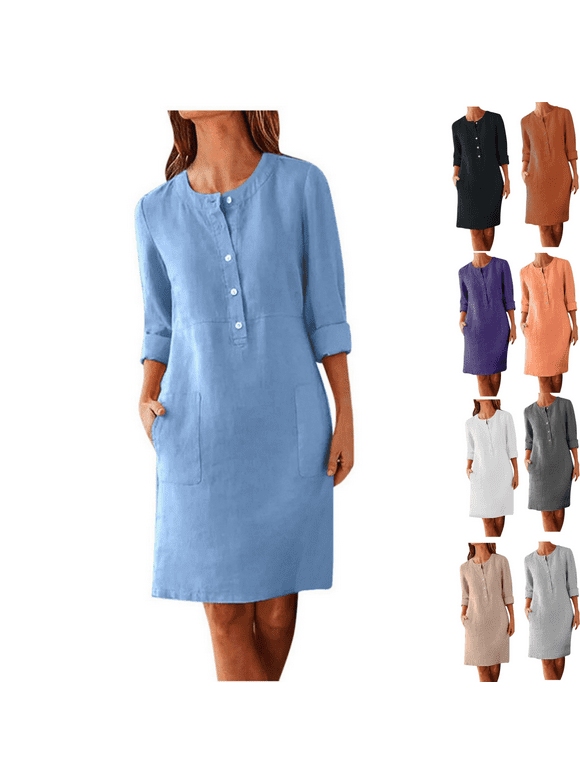 Summer Dresses for Women 2025 Long Sleeve Solid Color Knee Length Shirt Dress Cotton Linen Button Down Long Teen Dresses
