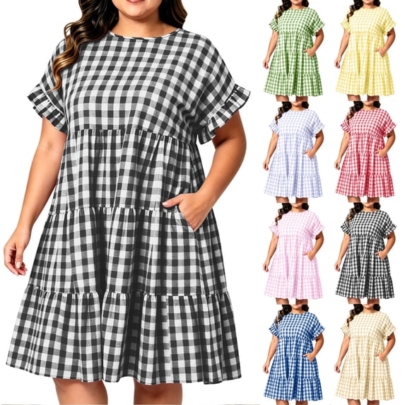 CALAFEBILA Summer Dresses for Women 2025 Vacation Lattern Short Sleeve O-neck Plaid Midi Sun Dress Swing Long Boho Dresses