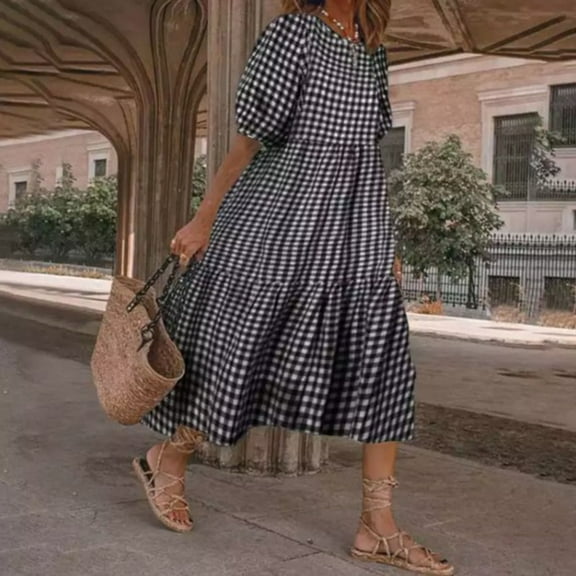 CALAFEBILA Summer Dresses for Women Lattern Short Sleeve O-neck Plaid Midi Sun Dress Swing Long Dresses