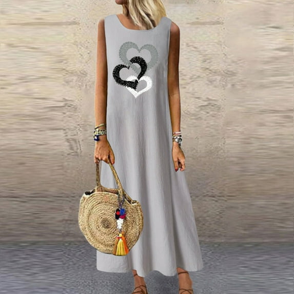 CALAFEBILA Summer Dresses for Women Sleeveless Heart Print Midi Sun Dress Cotton Linen Tank Dress Long Dresses for Teens