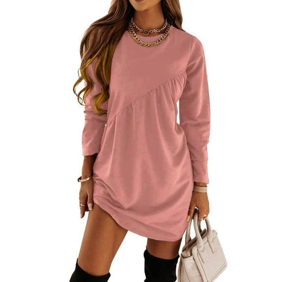 CALAFEBILA Summer Dresses for Women Long Sleeve Solid Color Mini Sweatshirt Dress Asymmetrical Pleated Short Women Casual Dresses