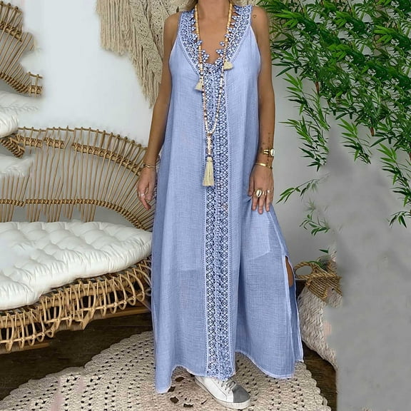 CALAFEBILA Summer Dresses for Women Sleeveless V-neck Solid Color Midi Sun Dress Lace Patchwork Tank Dress Long Women's Dresses