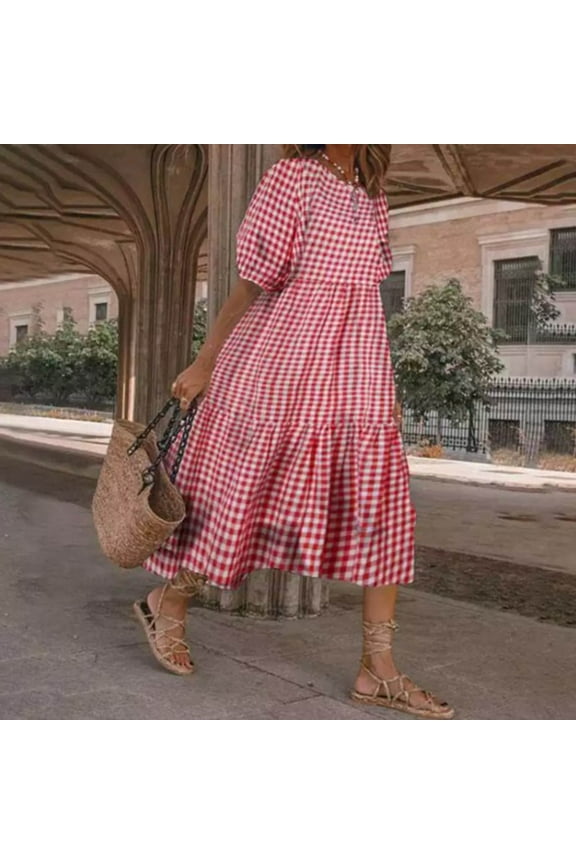 Summer Dresses for Women Lattern Short Sleeve O-neck Plaid Midi Sun Dress Swing Long Women's Dresses