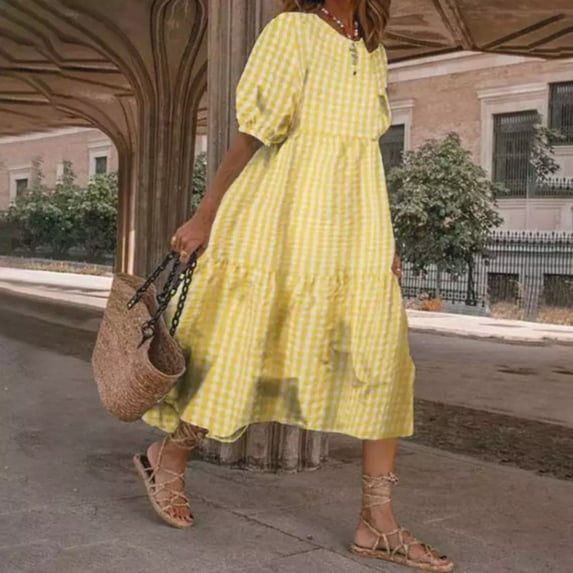 CALAFEBILA Summer Dresses for Women Plus Size Lattern Short Sleeve O-neck Plaid Midi Sun Dress Swing Long Women Casual Dresses