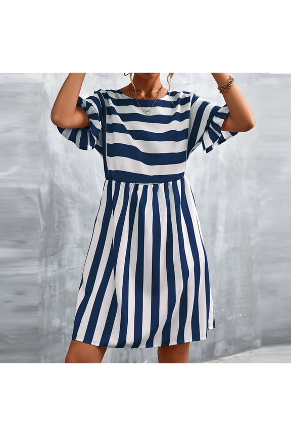 Summer Dresses for Women Plus Size Mid Bell Sleeve Striped Knee Length Sun Dress Pockets Long Dresses for Teens
