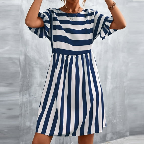 CALAFEBILA Summer Dresses for Women Plus Size Mid Bell Sleeve Striped Knee Length Sun Dress Pockets Long Women Dresses