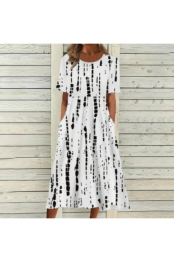 Summer Dresses for Women Short Sleeve Floral Midi Sun Dress A-Line Pleated Pockets Long Dresses for Junior