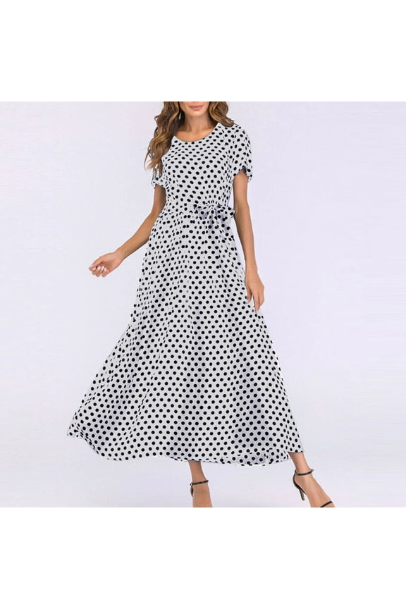 Summer Dresses for Women Short Sleeve Polka Dot Midi Sun Dress Bandage Flowy Swing Long Dresses for Teens