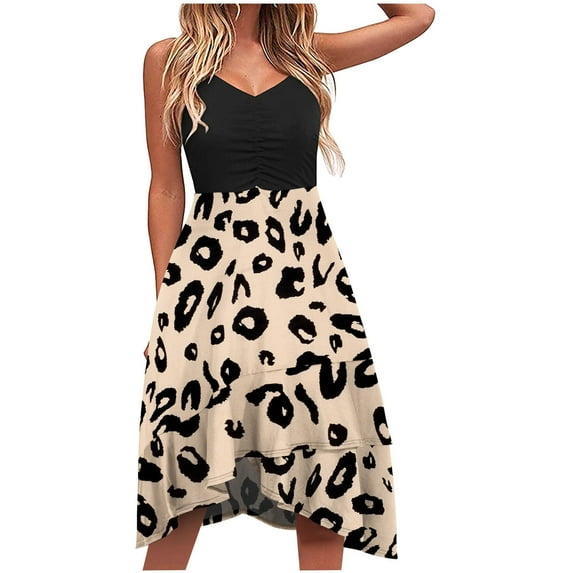 CALAFEBILA Summer Dresses for Women Sleeveless V-neck Leopard Print Knee Length Sun Dress Pleated Patchwork Tank Dress Long Womens Dresses