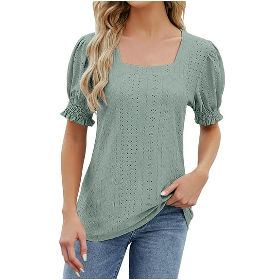 CALAFEBILA Summer Shirts for Women Brethable Women's Blouses,Ladies Fashion Solid Color Blouse Summer Puff Sleeve Square Neck Womens Casual Tops