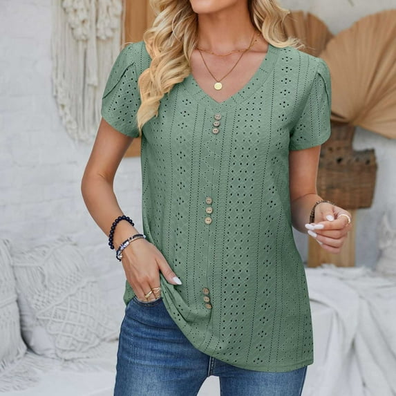 CALAFEBILA Summer Tops for Women Button up Summer Blouses for Women 2025,Women's Fashion Solid Color Blouse Summer Short Sleeve V Neck Loose Breathable Tops for Women