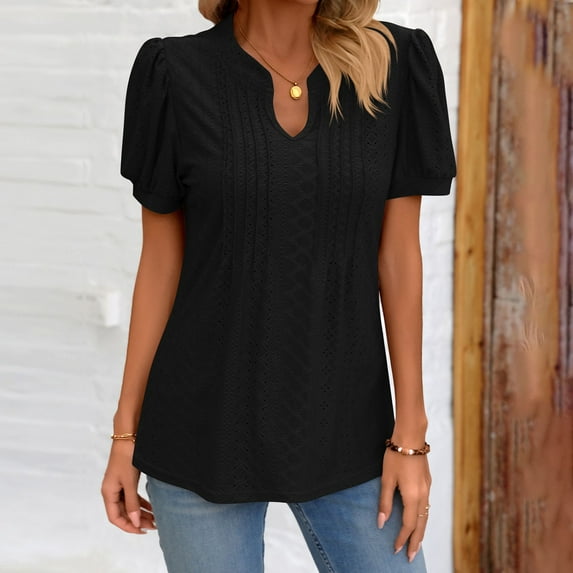 CALAFEBILA Summer Tops for Women Puff Sleeve Women's Shirts And Blouses,Ladies Fashion Solid Color Blouse Summer Pleated V Neck Loose Breathable Women's Tops