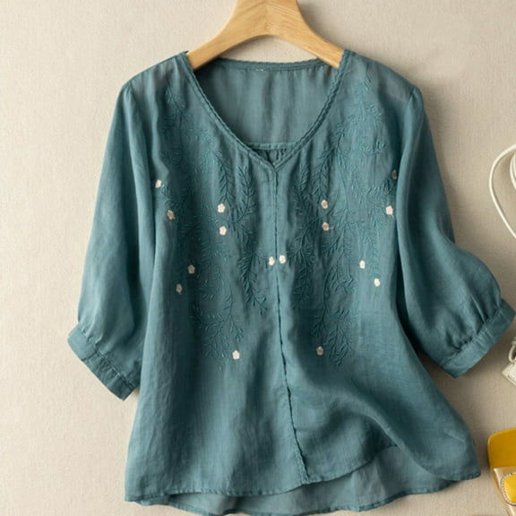 CALAFEBILA Summer Tops for Women Cotton Linen Ladies Blouses,Ladies Fashion Solid Color Blouse Summer Short Sleeve Crew Neck Embroidery Lace Ladies Tops