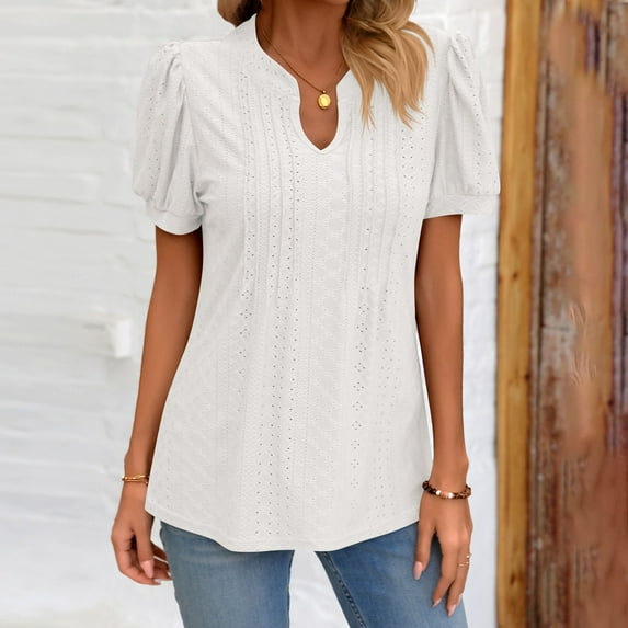 CALAFEBILA Summer Tops for Women Puff Sleeve Women Blouses,Women Fashion Solid Color Blouse Summer Pleated V Neck Loose Breathable Tops for Women 2024