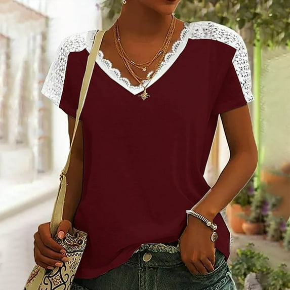 CALAFEBILA Summer Tops for Teen Lace Women Tee Shirts,Ladies Fashion Solid Color T-shirt Summer Short Sleeve V Neck Patchwork Womens Casual Tops