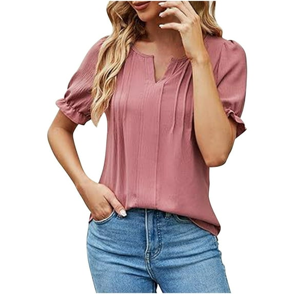 CALAFEBILA Summer Tops for Teen Puff Sleeve Blouses for Women Plus Size,Ladies Fashion Solid Color Blouse Summer Pleated V Neck Ladies Tops