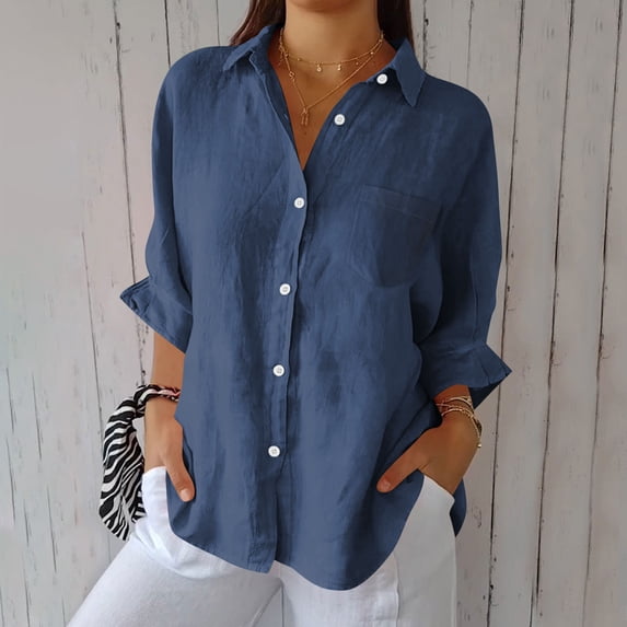 CALAFEBILA Summer Tops for Women 3/4 Sleeve Button Down Shirts Womens Solid Color Crew Neck Blouses