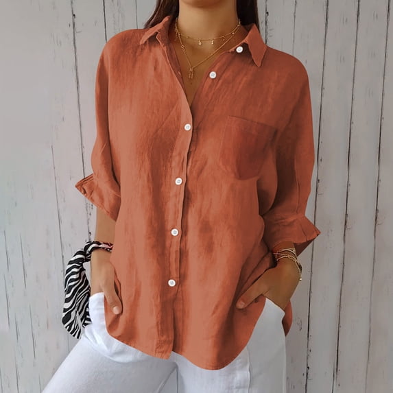 CALAFEBILA Summer Tops for Women 3/4 Sleeve Button Down Shirts Womens Solid Color Crew Neck Blouses
