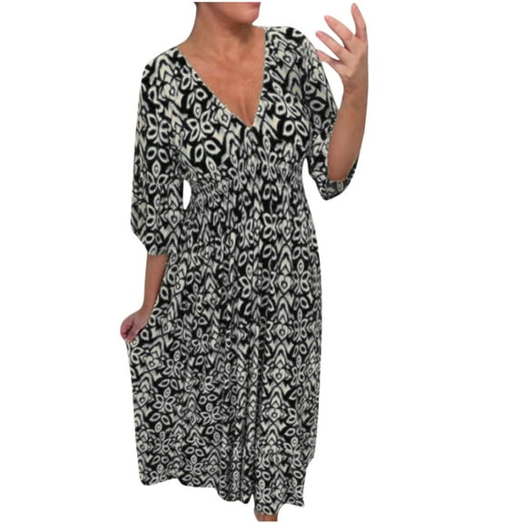 CALAFEBILA Sun Dresses for Women Casual 3/4 Sleeve V-neck Floral Maxi Sun Dress Boho Elastic Waist Long Women's Dresses