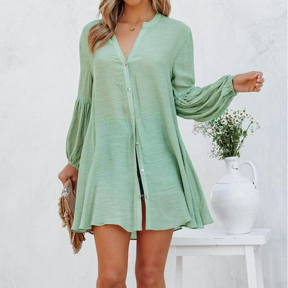 CALAFEBILA Sun Dresses for Women Casual Beach Long Sleeve V-neck Solid Color Mini Shirt Dress Button Down Short Junior Dresses