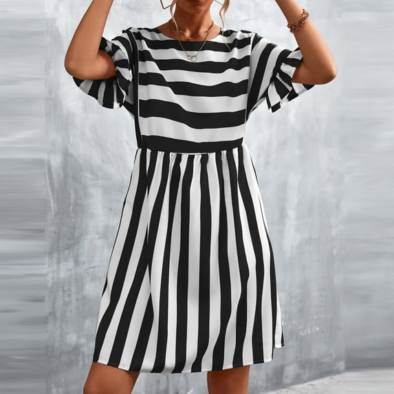 CALAFEBILA Sun Dresses for Women Casual Beach Mid Bell Sleeve Striped Knee Length Sun Dress Pockets Long Womens Dresses