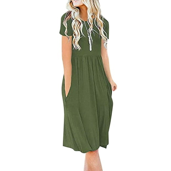 CALAFEBILA Sundresses for Plus Size Women Short Sleeve Solid Color Knee Length Sun Dress Tunic Pleated Pockets Long Junior Dresses