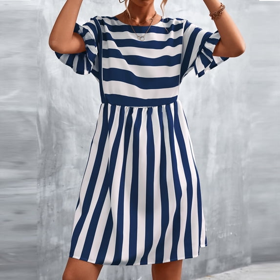 CALAFEBILA Sundresses for Women 2025 Mid Bell Sleeve Striped Knee Length Sun Dress Pockets Long Boho Dresses