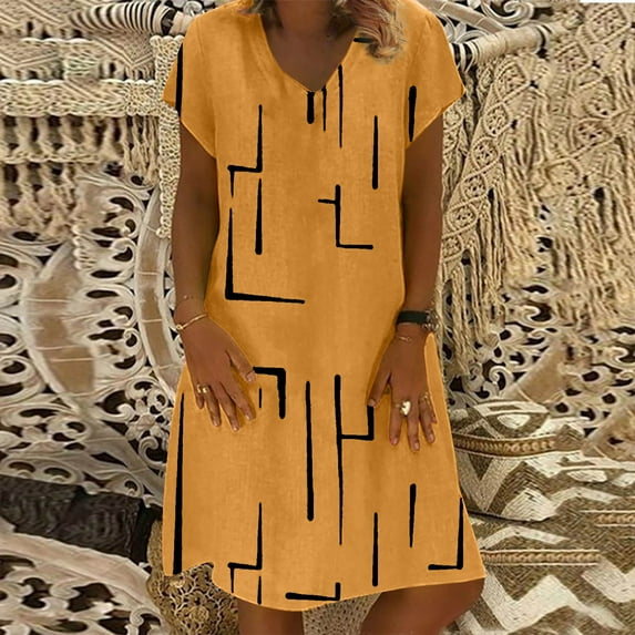 CALAFEBILA Sundresses for Women Casual Beach Short Sleeve V-neck Floral Knee Length Sun Dress A-Line Long Women Dresses