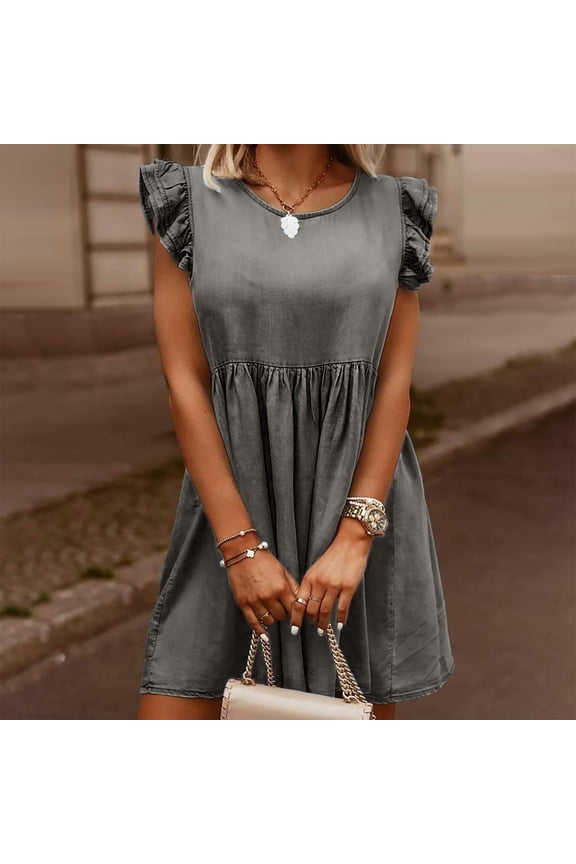 Sundresses for Women Sleeveless Crew Neck Solid Color Fake Two Piece Patchwork Knee-Length Denim Dresses
